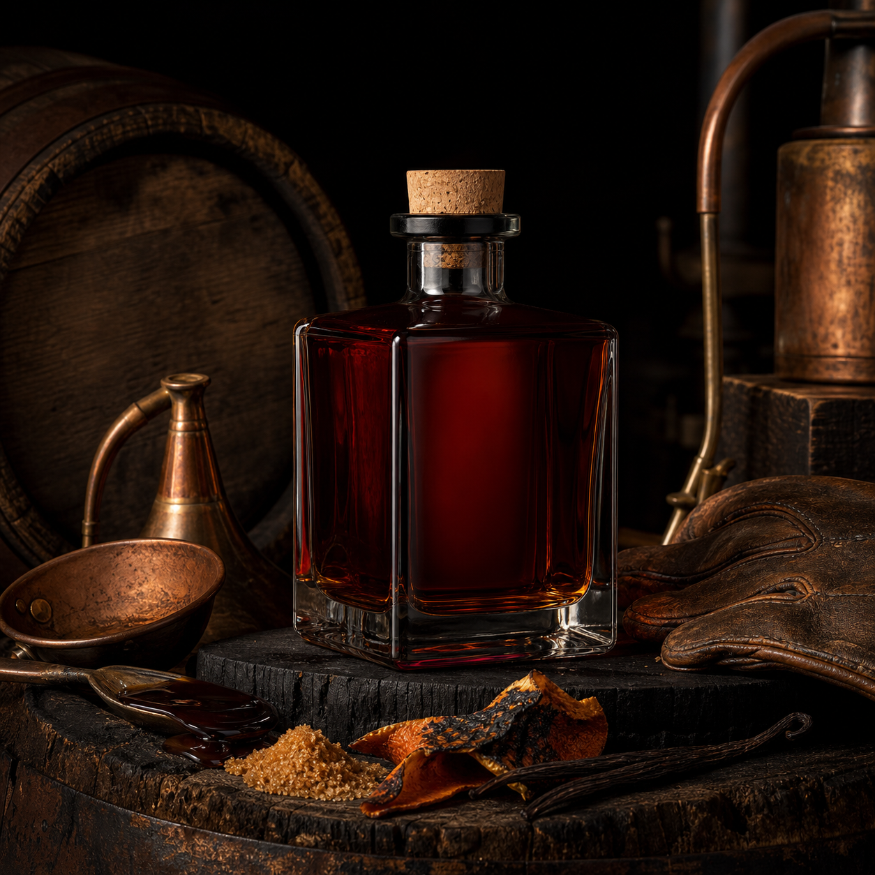 Dark rum bottle still life with oak, copper, molasses, orange peel, and vanilla