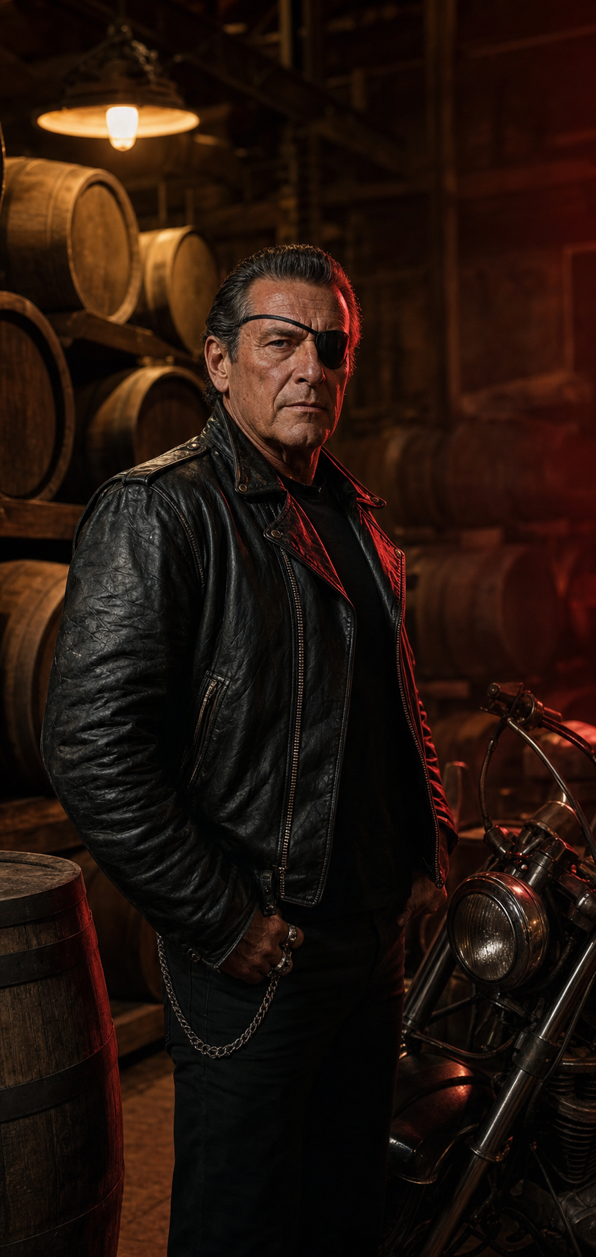Snake in a leather jacket and eye patch standing beside rum barrels and a vintage motorcycle